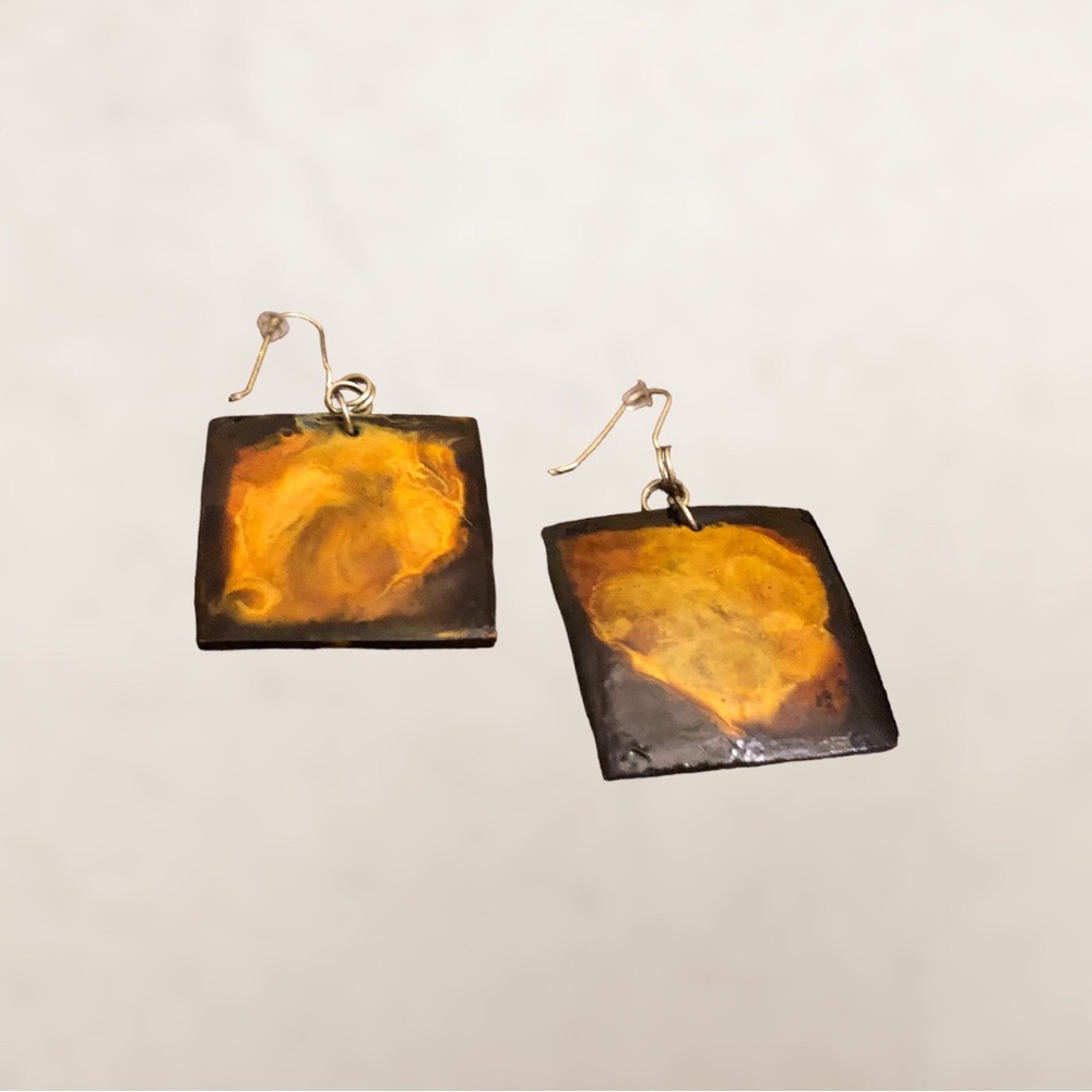 Square Wooden Dangle Drop Earrings Women's Brown/Gold - Picture 3 of 8